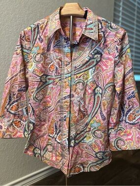 Robert Graham Paisley Rainbow Button Up Shirt 3/4 Sleeve Colorful Women’s Medium